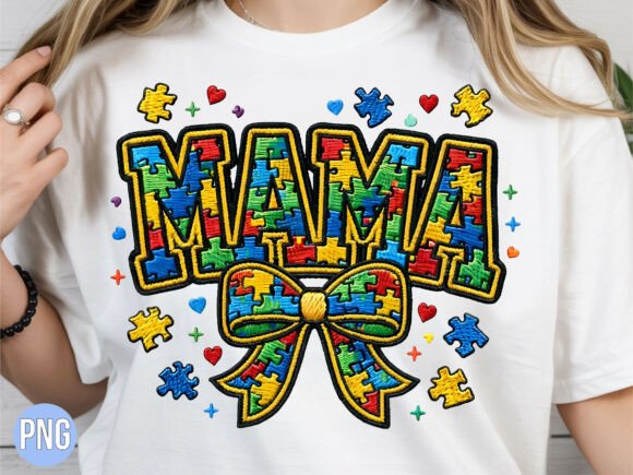 Autism Mama Embroidery Bow T-shirt PNG