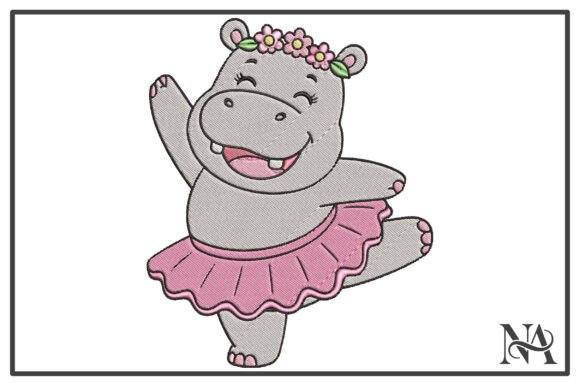 Cute Ballerina Hippo Embroidery Design