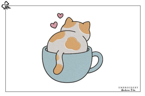 Cute Cat in Cup Embroidery Design
