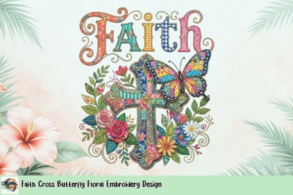 Faith Cross Butterfly Floral Embroidery Design