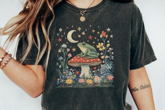 Frog on Mushroom Night Embroidery PNG