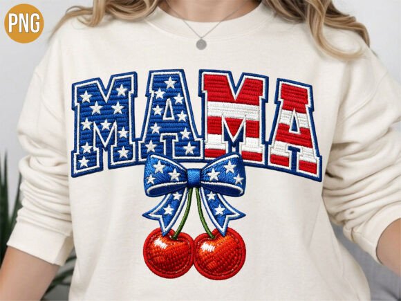 Mama Embroidery Bow Cherries USA PNG