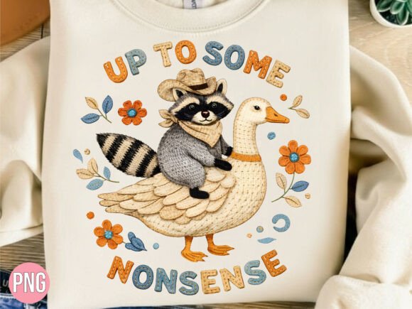 Raccoon Riding Goose Embroidery PNG